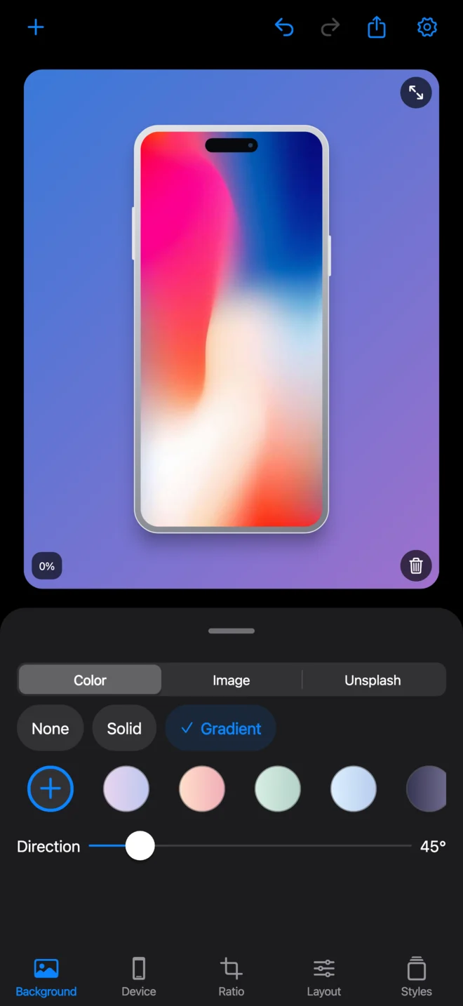 Shotivo’s dark Cupertino editor showing a framed screenshot and background controls